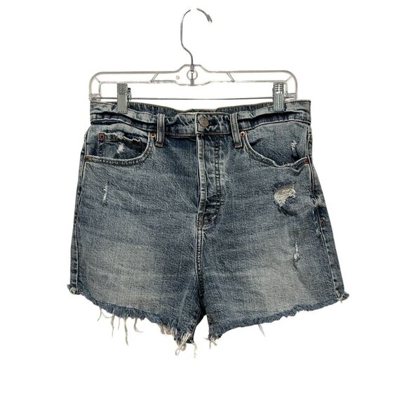 Daze Blue Light Wash High-Rise Distressed Denim Frayed Hem Shorts Women's Size 2 - Picture 1 of 8